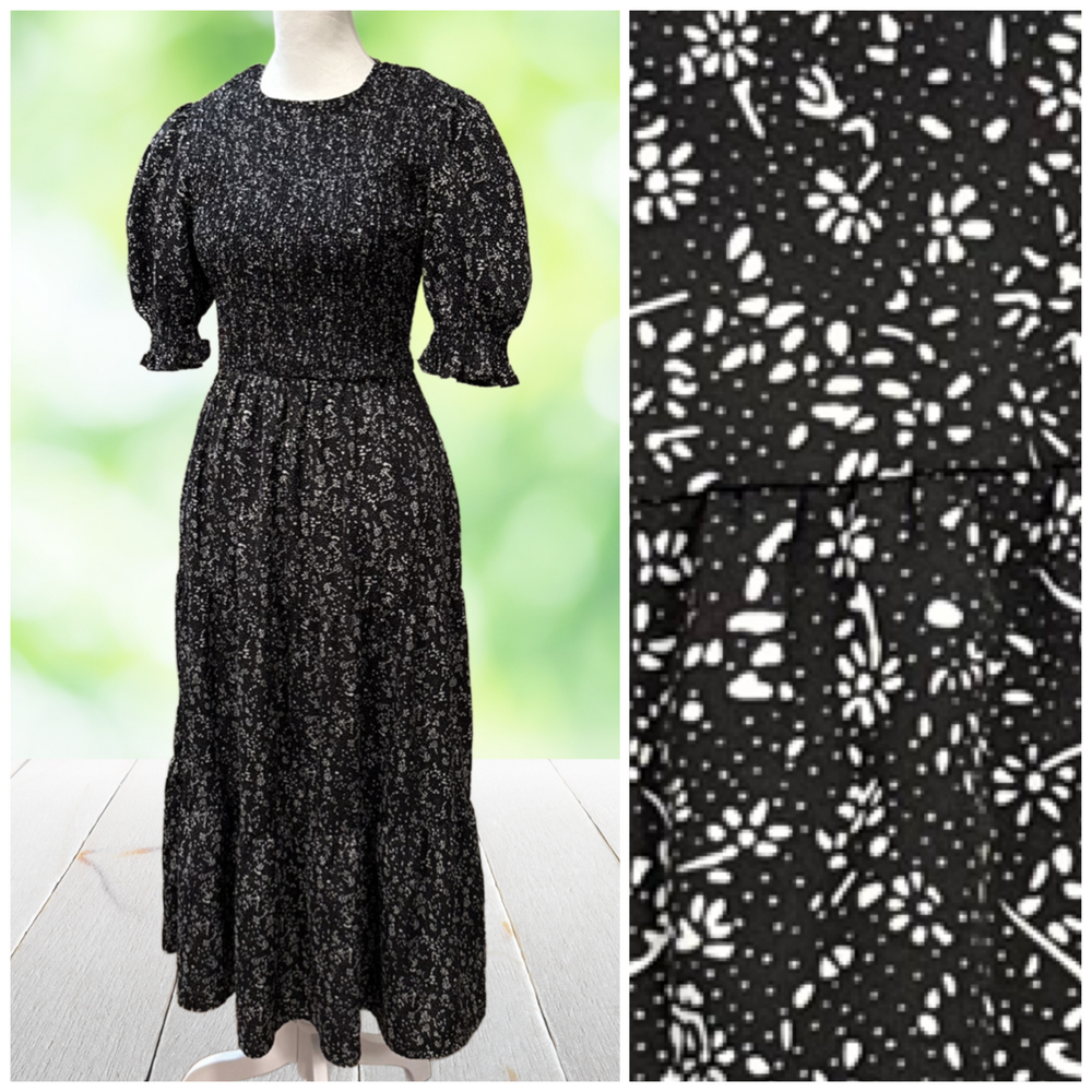 BTFBM Milkmaid Puff Sleeve Dress Midi Tiered Smocked Black White Floral Size S